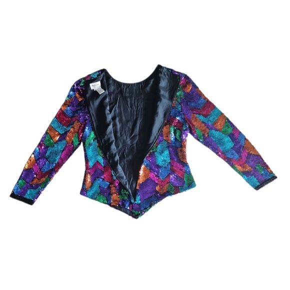 Vintage 80s Oleg Cassini Sequin Top 100% Silk & Rayon Sz 8 Statement Piece Artsy - Picture 4 of 16